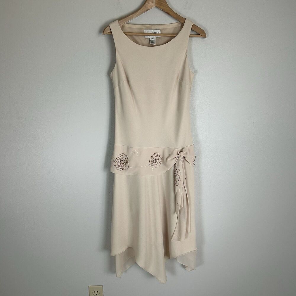 Vintage Great Gatsby Inspired Dress Cream Floral Drop Waist Midi Cocktail 1920s